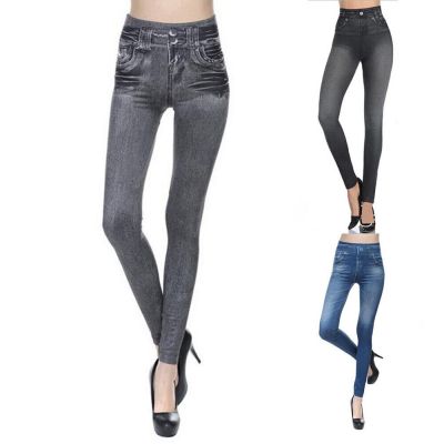 Womens Stretchy Denim Look Leggings High Waist Skinny Pants Jeggings Trousers US