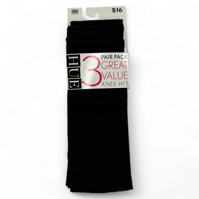 HUE 3 Pair Pack Opaque Knee Highs Womens One Size | Solid Black | Banded Top NEW