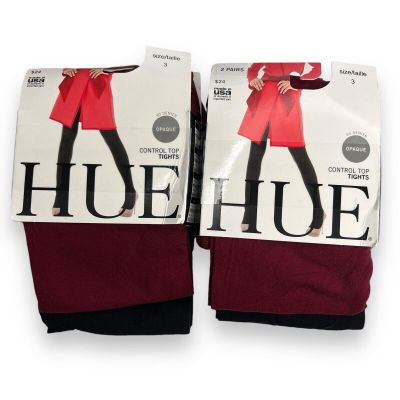 Hue Womens Opaque Tights W/ Control Top Size 3 Sangria Black - 4 Pair Pack New