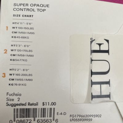 Hue Super Opaque Tights Fuchsia Control Top 1 Pair Size 2 New