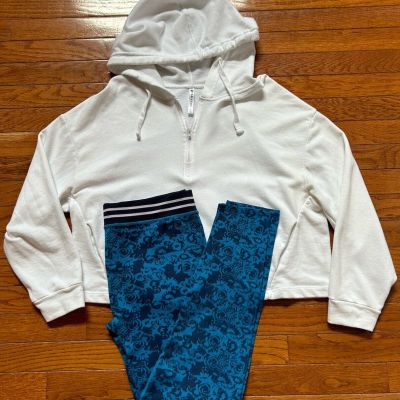 Fabletics Blue Floral Workout Leggings Large & White Hoodie Med READ