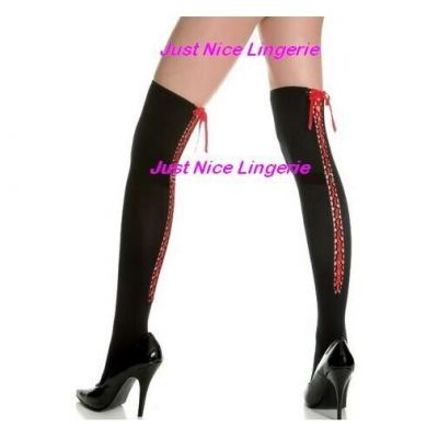 4750 Music Legs - Black Opaque Thigh High with Red Lace-up Back - One Size