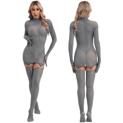 US Sexy Womens Bodysuit Pole Dance Dress Detachable Stockings Smooth Nightwear