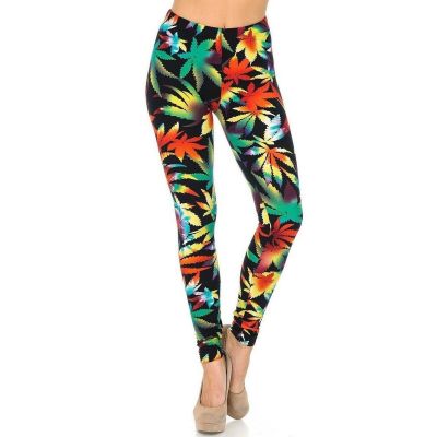 Plus Size Womens Buttery Soft Rainbow Marijuana Leggings