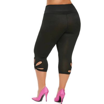 Plus Size Womens High Waist Leggings Hollow Sport Crop Pants Plain 3/4 Trousers