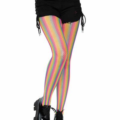 Leg Avenue Neon Rainbow Striped Fishnet Tights - One Size -  Multicolor