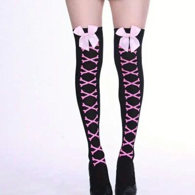 Black Bow Stockings Crossed Bones Choose Red/Pink Coquette Lolita Whimsygoth