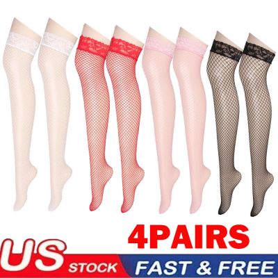 4Pairs 4-Color Women Stockings Lace Mesh High Thigh Fishnet Sexy Long Pantyhose