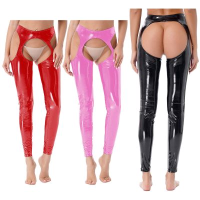 Womens PVC Leather Wet Look Thigh-High Leggings Suspender Pants Long Trousers