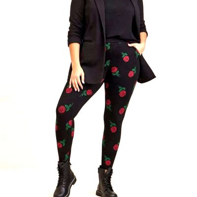 Torrid 3 Black & Red Roses Full Length Front Pockets Legging, Size 3X 22 24