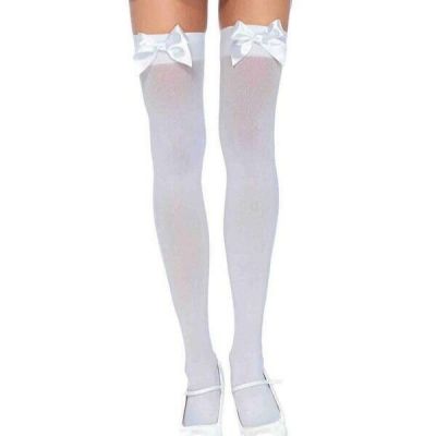 Leg Avenue Women's White Opaque Nylon Thigh High Stockings Satin Bow One Size