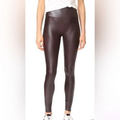 SPANX Women's Faux Leather Leggings in shimmer dark burgundy- Size Medium