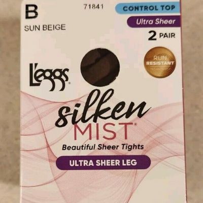 Leggs Silken Mist 2 PAIRS Ultra Sheer Leg SIZE B / SUN BEIGE Control Top Tights