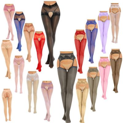 Women Floral Lace Patchwork Stocking Long Crotchless Pantyhose Mesh Sheer Tights