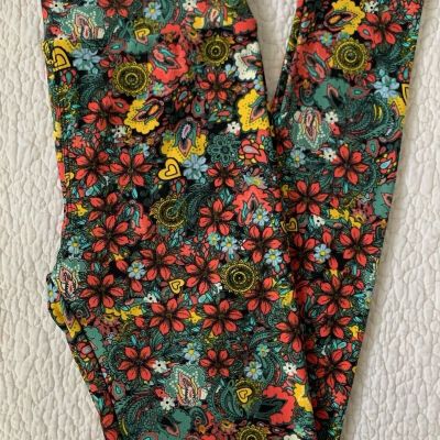 LuLaRoe Leggings OS Paisley Floral Damask Fleur De Lis Hearts Green Yellow