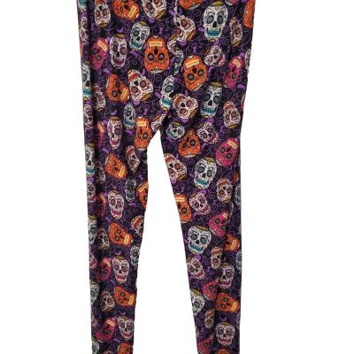 Bobbie Brooks Leggings Womens Sz L Sugar Skulls Stretch Halloween Fun Colorful