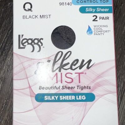 L'eggs Silken Mist 2 Pair Women's Tights Hose Black Mist Control Top Cool ~ Q