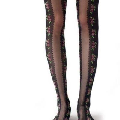 Urban Outfitters Black vintage rose pattern print floral nylon tights SMALL/MED