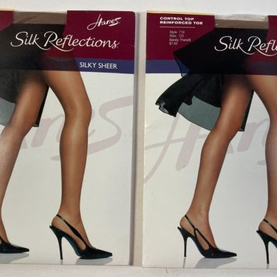 2 Hanes Silk Reflections Silky Sheer Control Top Reinforced Toe Pantyhose Sz CD
