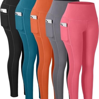 Tummy Control 5 Pack Leggings w/ Pockets for Women High Waisted Workout Yoga XL