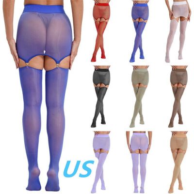 US Women's Sheer Open Crotch Tights Pantyhose Miniskirt with Garter Stockings