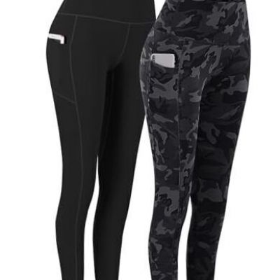 2 Pack High Waist Yoga Pants, Pocket Yoga Pants X-Small Black & Black Camo