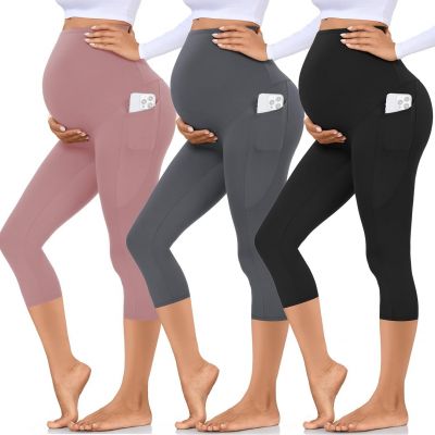 Hi Clasmix 3 Pack Maternity Capri Leggings with Pockets-Buttery Soft Workout Pre