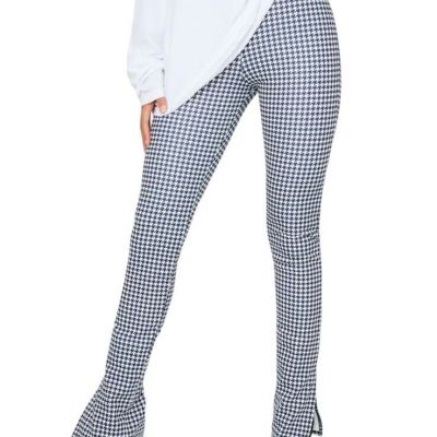 Pretty Little Thing Black Dogtooth Houndstooth Scuba Split Hem Pants Womens 2