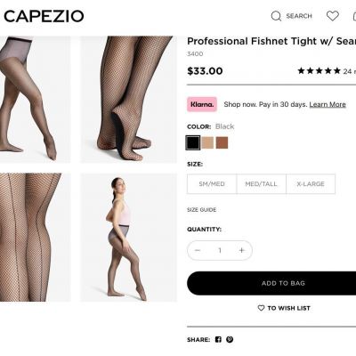 NIB Capizio Professional Fishnet Tights With Seam Black Size S/M