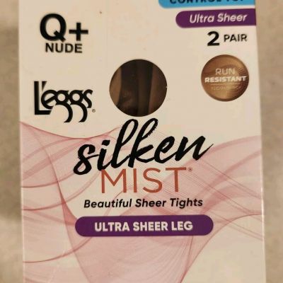 Leggs Silken Mist 2 PAIRS Ultra Sheer Leg Tights Q+ NUDE Control Top 97692