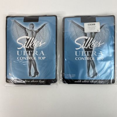 Silkies Ultra Control Top Ultra Sheer Legs Large Jet Black 2 Packs Made in Italy