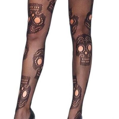 Leg Avenue Black Sugar Skull Gothic Fishnet Pantyhose Tights