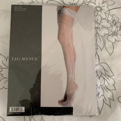 LEG AVENUE BLACK SHEER LACE TOP STOCKINGS with WOVEN BOWS & FLORAL PATTERN - O/S