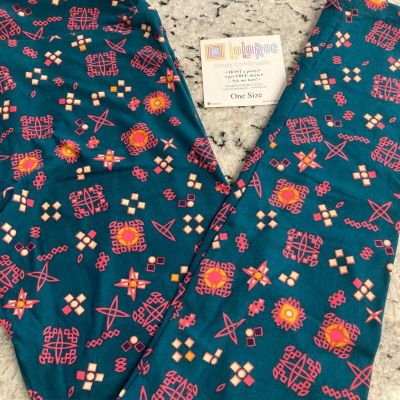 LuLaRoe One Size White, Pink, Orange, Yellow Geometric Shapes on Blue Background