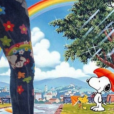 NWT TC Snoopy Rainbow Woodstock Pocket Floral Faux Denim Hippie Daisy Leggings