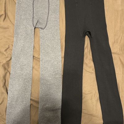 Womens 2 PAIR TIGHTS LOT Fleece Lined BLACK & GRAY Unfooted SIZE M-L