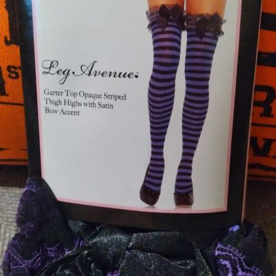 Leg Avenue Garter Top Opaque Black and Purple Striped Thigh Highs with Satin Bow