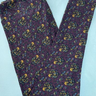 New Womans LuLaRoe Bordeaux Gray Mustard Yellow Floral ?Pattern Leggings TC