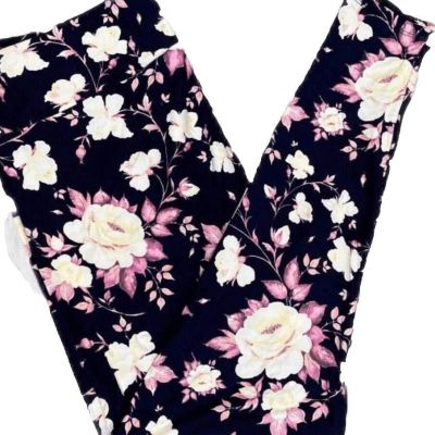 LuLaRoe Womens Leggings Size TC2 Navy Blue Pink Roses Floral Plus 18+ NWT