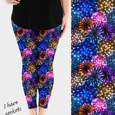 Neow Glowing Bright Fireworks Print Blue Sky Leggings w/ Pockets Adult & Kids