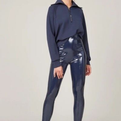 NWT SPANX Size S Blue Faux Leather Patent Shiny Leggings Pants