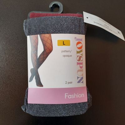 Joyspun Fashion Tights, 2-Pair, Black Shimmer Opaque Crushed Plum, Size L, NWT