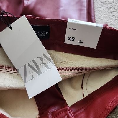 Zara Leggings Women Size XS Hi Rise Red Orange Faux Leather Pants