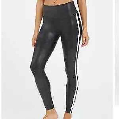 SPANX Leggings Women's Size XS Black Side Stripe Faux Leather