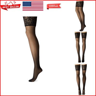 Black Spandex Thigh Highs with Silicone Stay-Up Lace Top for Comfort & Style