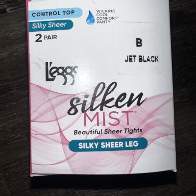 L'eggs Silken Mist 2 Pair Women's Tights Hose Jet Black Control Top Cool ~ B