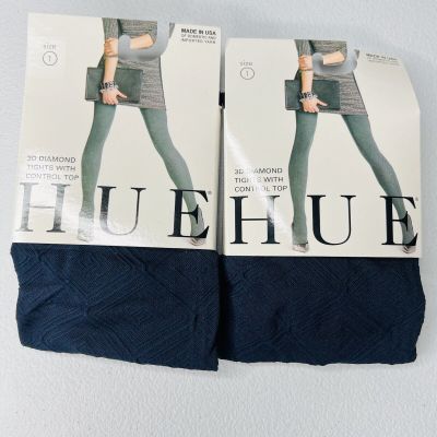 NWT Hue Womens 3D Diamond Tight with Control Top Size 1 Navy Blue 2 Pair New