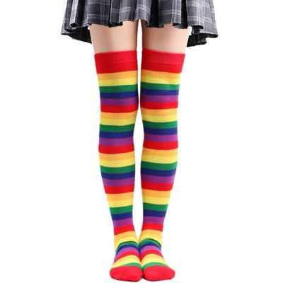 Rainbow Striped Thigh High Sock Stockings Women Over Knee Cosplay Costume/Xl