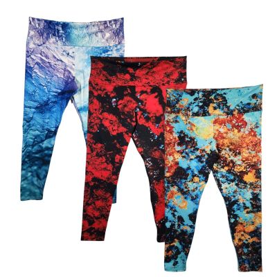 Womens Plus Size High Rise Fitted Leggings Satin Spandex Abstract Art 1X (3 pr)