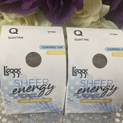 Leggs Sheer Energy SIZE Q Energizing Tights SUNTAN Light Support 2 PAIRS 97966